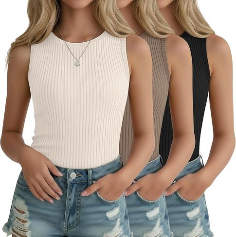 3 Pack Girl's Ribbed Tank Top Crew Neck Sleeveless Undershirts Slim Fitted Stretchy Casual Shirts 5-14 Years in Saudi Arabia