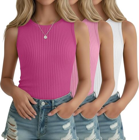 3 Pack Girl's Ribbed Tank Top Crew Neck Sleeveless Undershirts Slim Fitted Stretchy Casual Shirts 5-14 Years in Saudi Arabia
