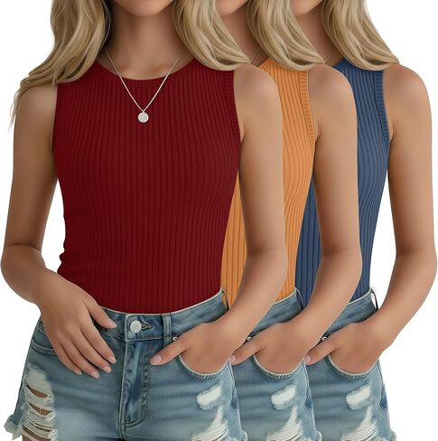 3 Pack Girl's Ribbed Tank Top Crew Neck Sleeveless Undershirts Slim Fitted Stretchy Casual Shirts 5-14 Years in Saudi Arabia