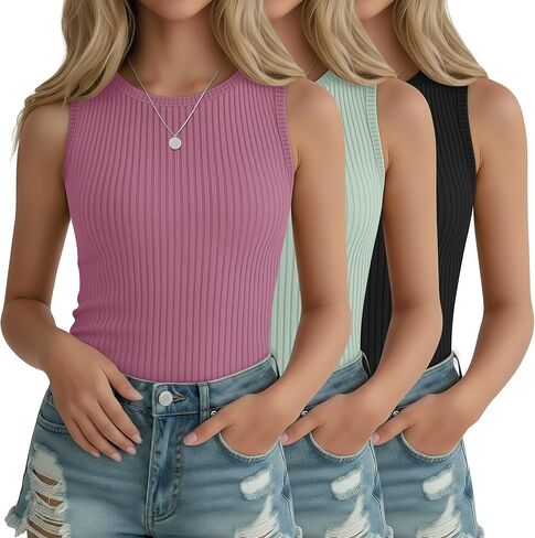 3 Pack Girl's Ribbed Tank Top Crew Neck Sleeveless Undershirts Slim Fitted Stretchy Casual Shirts 5-14 Years in Saudi Arabia