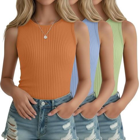 3 Pack Girl's Ribbed Tank Top Crew Neck Sleeveless Undershirts Slim Fitted Stretchy Casual Shirts 5-14 Years in Saudi Arabia