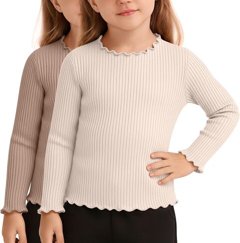 2 Pack Girls' Lettuce Trim Ribbed Shirts Cotton Blend Long Sleeve Crew Neck Base Layer Slim Fit Trendy Tops in Kuwait