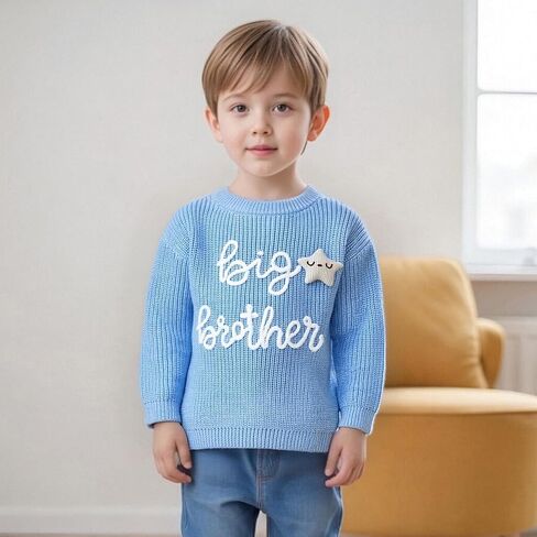 Toddler Baby Boy Fall Outfit Knit Sweater Star Decor Big Brother Bro Letter Embroidery Top Sweatshirt Infant Clothes in Saudi Arabia