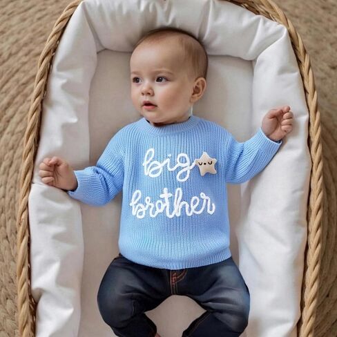 Toddler Baby Boy Fall Outfit Knit Sweater Star Decor Big Brother Bro Letter Embroidery Top Sweatshirt Infant Clothes in Saudi Arabia