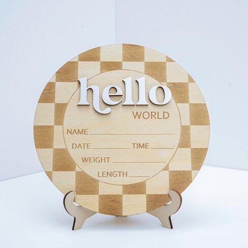 لافتة إعلان الطفل 6.5 بوصة خشبية Hello World لافتة ترحيب لحديثي الولادة اسم الميلاد (مربعات) in Kuwait