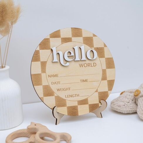 لافتة إعلان الطفل 6.5 بوصة خشبية Hello World لافتة ترحيب لحديثي الولادة اسم الميلاد (مربعات) in Kuwait