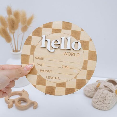 لافتة إعلان الطفل 6.5 بوصة خشبية Hello World لافتة ترحيب لحديثي الولادة اسم الميلاد (مربعات) in Kuwait