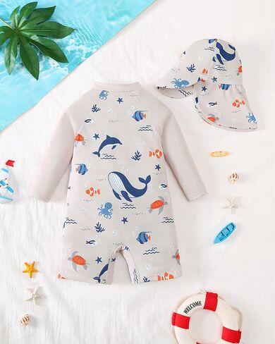 ملابس سباحة للأطفال الأولاد من Rash Guard ملابس سباحة بسحاب للأطفال الصغار من قطعة واحدة مع قبعة للحماية من الشمس in Kuwait