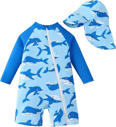 ملابس سباحة للأطفال الأولاد من Rash Guard ملابس سباحة بسحاب للأطفال الصغار من قطعة واحدة مع قبعة للحماية من الشمس in Kuwait