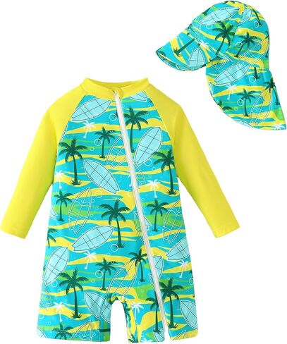 ملابس سباحة للأطفال الأولاد من Rash Guard ملابس سباحة بسحاب للأطفال الصغار من قطعة واحدة مع قبعة للحماية من الشمس in Kuwait
