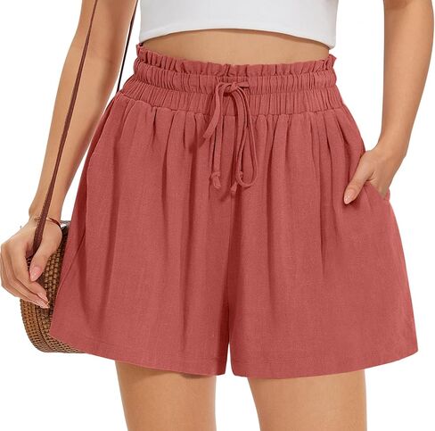 UEU Womens Summer Linen Shorts Casual High Waisted Wide Leg Drawstring Beach Short with Pockets- 3" Inseam (Dark Khaki, XL) in Kuwait