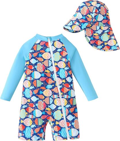 ملابس سباحة للأطفال الأولاد من Rash Guard ملابس سباحة بسحاب للأطفال الصغار من قطعة واحدة مع قبعة للحماية من الشمس in Kuwait