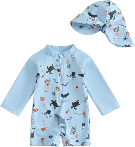 طقم ملابس سباحة WYTbaby Baby Boy Rash Guard مع قبعة شمسية، بدلة شمس بأكمام طويلة وسحاب للأطفال الصغار 0-3T in Kuwait