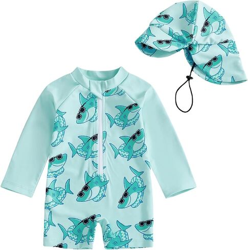 Biayxms Toddler Baby Boy Swimsuit Rash Guard Zip Up One Piece Bathing Suit with Hat Long Sleeve Beach Infant Swimwear Sunsuit in Saudi Arabia