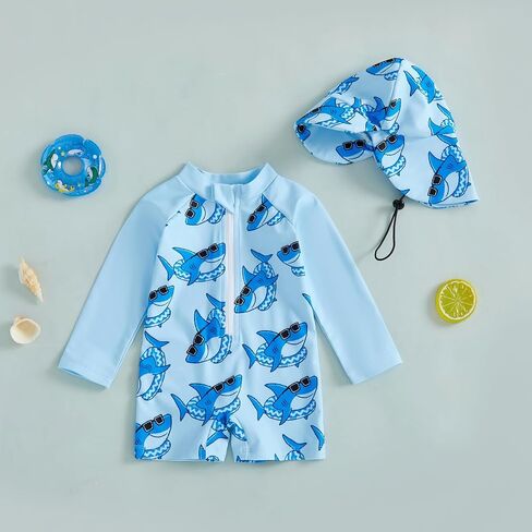 Biayxms Toddler Baby Boy Swimsuit Rash Guard Zip Up One Piece Bathing Suit with Hat Long Sleeve Beach Infant Swimwear Sunsuit in Saudi Arabia