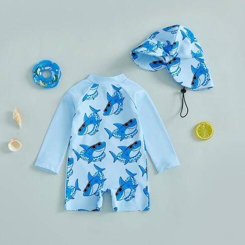 Biayxms Toddler Baby Boy Swimsuit Rash Guard Zip Up One Piece Bathing Suit with Hat Long Sleeve Beach Infant Swimwear Sunsuit in Saudi Arabia