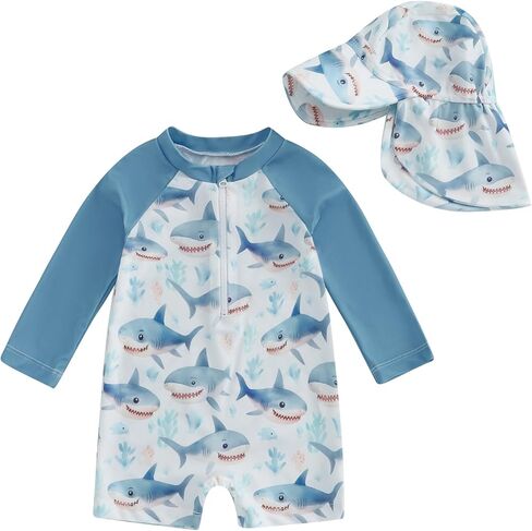 Toddler Baby Boy One Piece Swimsuit Shark Long Sleeve Zip Up Bathing Suit with Sun Cap Infant Rash Guard Swimwear in Saudi Arabia