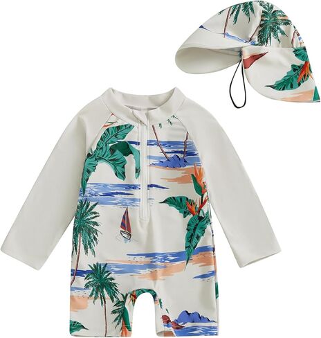 Toddler Baby Boy One Piece Swimsuit Shark Long Sleeve Zip Up Bathing Suit with Sun Cap Infant Rash Guard Swimwear in Saudi Arabia
