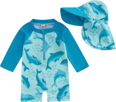 Toddler Baby Boy One Piece Swimsuit Shark Long Sleeve Zip Up Bathing Suit with Sun Cap Infant Rash Guard Swimwear in Saudi Arabia