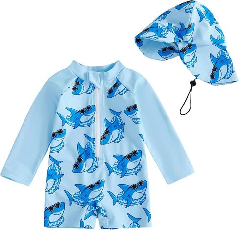 Toddler Baby Boy One Piece Swimsuit Shark Long Sleeve Zip Up Bathing Suit with Sun Cap Infant Rash Guard Swimwear in Saudi Arabia