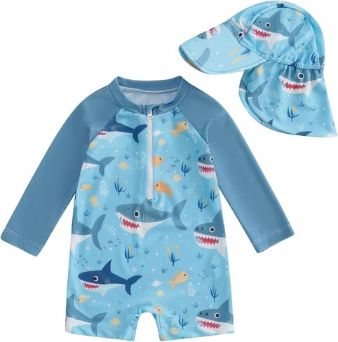 Toddler Baby Boy One Piece Swimsuit Shark Long Sleeve Zip Up Bathing Suit with Sun Cap Infant Rash Guard Swimwear in Saudi Arabia