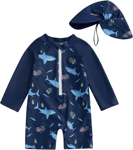 Toddler Baby Boy One Piece Swimsuit Shark Long Sleeve Zip Up Bathing Suit with Sun Cap Infant Rash Guard Swimwear in Saudi Arabia