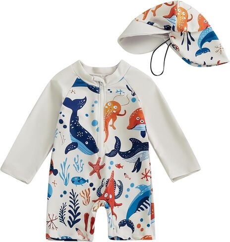 Toddler Baby Boy One Piece Swimsuit Shark Long Sleeve Zip Up Bathing Suit with Sun Cap Infant Rash Guard Swimwear in Saudi Arabia