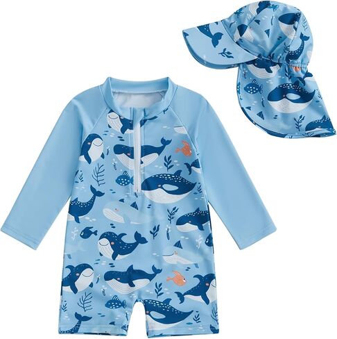 Toddler Baby Boy One Piece Swimsuit Shark Long Sleeve Zip Up Bathing Suit with Sun Cap Infant Rash Guard Swimwear in Saudi Arabia