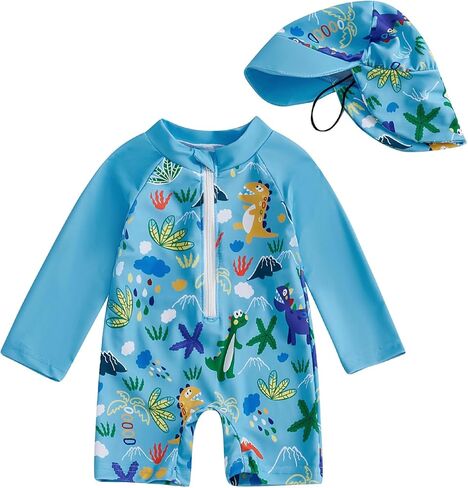 Toddler Baby Boy One Piece Swimsuit Shark Long Sleeve Zip Up Bathing Suit with Sun Cap Infant Rash Guard Swimwear in Saudi Arabia