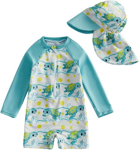 Toddler Baby Boy Swimsuit Shark/Turtle Long Sleeve One Piece Rash Guard Zip-up Bathing Suit Sunsuit Beachwear in Saudi Arabia