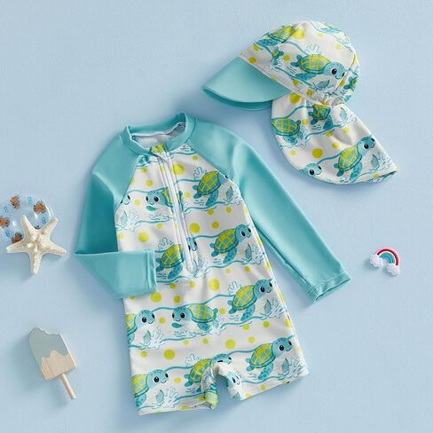Toddler Baby Boy Swimsuit Shark/Turtle Long Sleeve One Piece Rash Guard Zip-up Bathing Suit Sunsuit Beachwear in Saudi Arabia