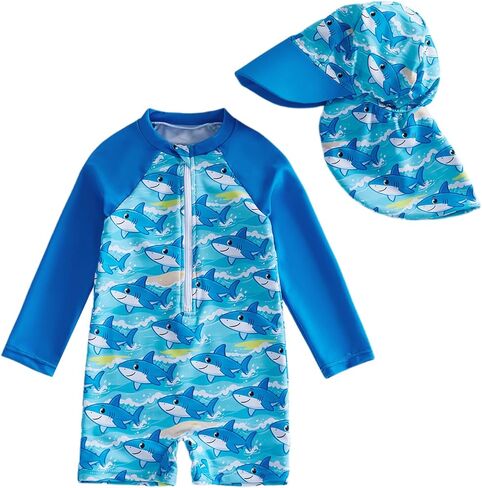 Toddler Baby Boy Swimsuit Shark/Turtle Long Sleeve One Piece Rash Guard Zip-up Bathing Suit Sunsuit Beachwear in Saudi Arabia