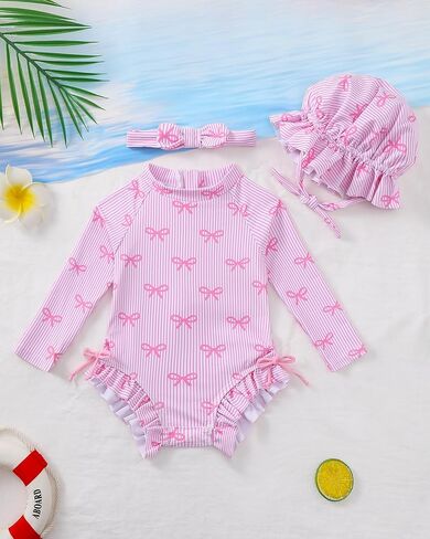 Renotemy Baby Girls Swimsuit Drawstring Zip Bathing Suit Long Sleeve One-Piece Rash Guard Swimwear with Hat for Infant Girl in Saudi Arabia