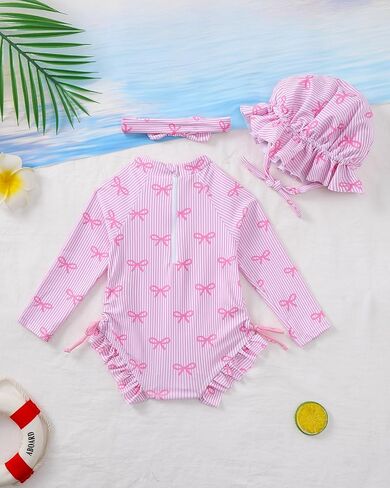 Renotemy Baby Girls Swimsuit Drawstring Zip Bathing Suit Long Sleeve One-Piece Rash Guard Swimwear with Hat for Infant Girl in Saudi Arabia