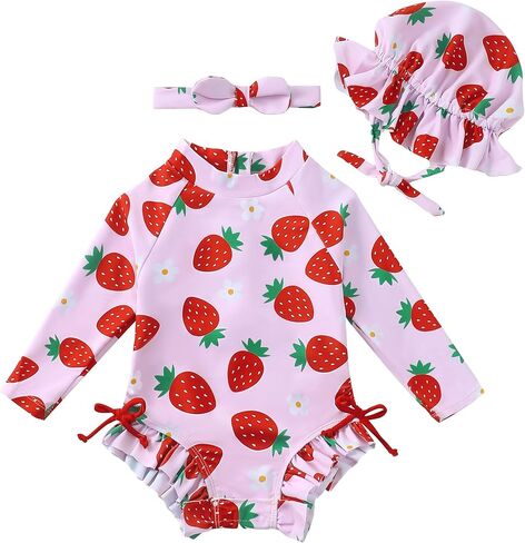 Renotemy Baby Girls Swimsuit Drawstring Zip Bathing Suit Long Sleeve One-Piece Rash Guard Swimwear with Hat for Infant Girl in Saudi Arabia
