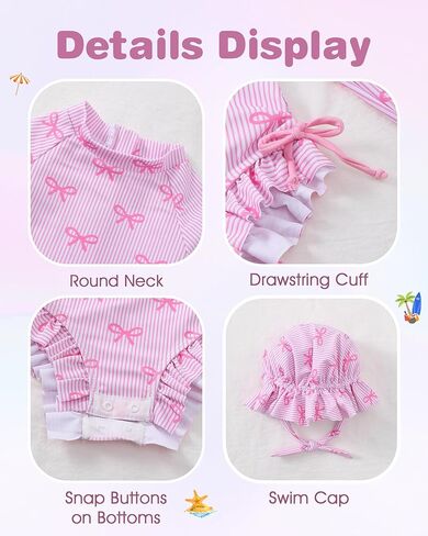 Renotemy Baby Girls Swimsuit Drawstring Zip Bathing Suit Long Sleeve One-Piece Rash Guard Swimwear with Hat for Infant Girl in Saudi Arabia
