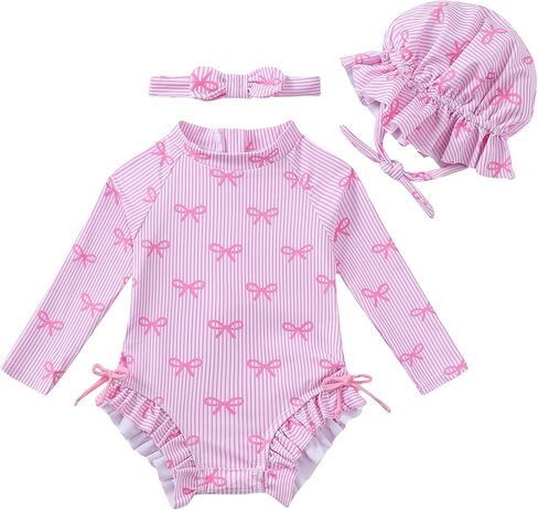 Renotemy Baby Girls Swimsuit Drawstring Zip Bathing Suit Long Sleeve One-Piece Rash Guard Swimwear with Hat for Infant Girl in Saudi Arabia
