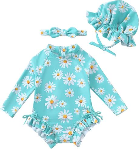 Renotemy Baby Girls Swimsuit Drawstring Zip Bathing Suit Long Sleeve One-Piece Rash Guard Swimwear with Hat for Infant Girl in Saudi Arabia