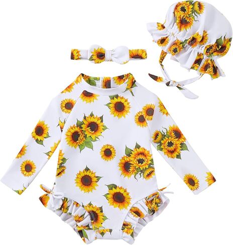 Renotemy Baby Girls Swimsuit Drawstring Zip Bathing Suit Long Sleeve One-Piece Rash Guard Swimwear with Hat for Infant Girl in Saudi Arabia