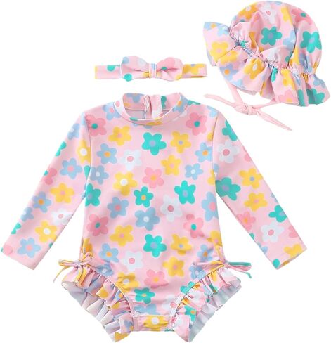 Renotemy Baby Girls Swimsuit Drawstring Zip Bathing Suit Long Sleeve One-Piece Rash Guard Swimwear with Hat for Infant Girl in Saudi Arabia