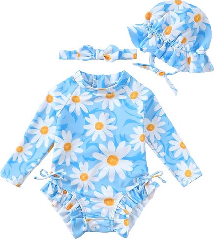 Renotemy Baby Girls Swimsuit Drawstring Zip Bathing Suit Long Sleeve One-Piece Rash Guard Swimwear with Hat for Infant Girl in Kuwait