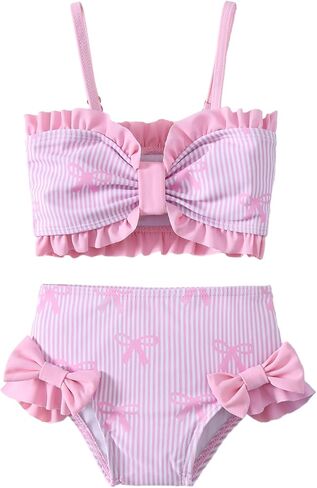 Toddler Baby Girls Two Piece Swimsuit Infant Bathing Suit | Floral Stripe, Adjustable Spaghetti Straps, Sleeveless, Bow and Ruffle Design, Swimwear, Summer Beach Bikini Set in Kuwait