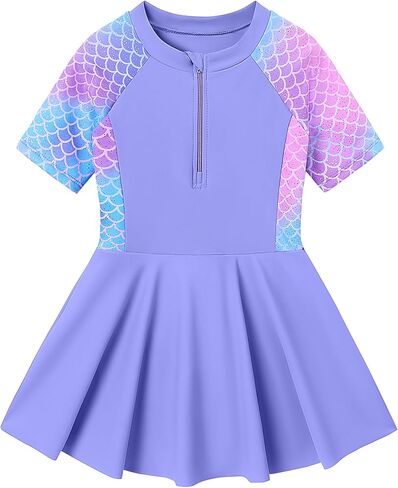 Girls One Piece Swimsuit Skirted Kids Bathing Suits Zipper Short Sleeves Swimwear Girls Swim Dress for 3-10Years in Kuwait