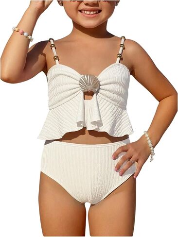 MakeMeChic Toddler Girl's Two Piece Swimsuit Seashell Ruffle Textured Beach Bikini Set in Saudi Arabia