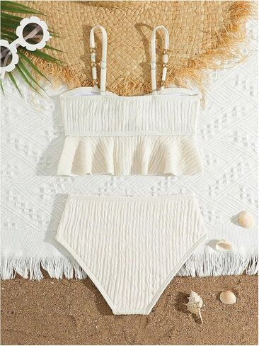 MakeMeChic Toddler Girl's Two Piece Swimsuit Seashell Ruffle Textured Beach Bikini Set in Saudi Arabia