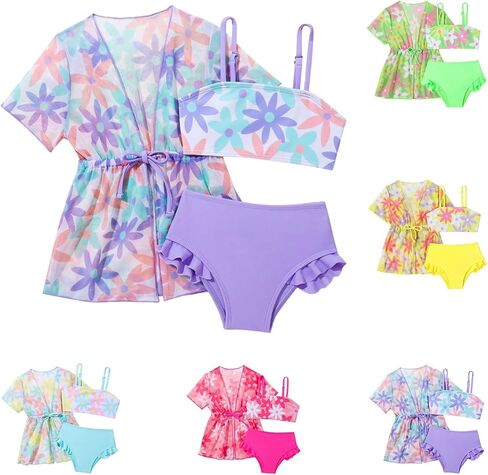 Baby 3 Piece Swimsuit Set Toddler Short Sleeve Swim Cover Up Rash Guard Bathing Suit Summer Beach Crop Tankini Swimwear in Saudi Arabia
