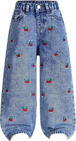 WDIRARA Toddler Girl's Cute Cherry Embroidery Baggy Jeans Wide Leg Denim Pants in Saudi Arabia