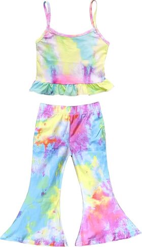 Daisy Del Sol Girls Printed Ruffle Peplum Tank Top with Matching Bell Bottom Flare Pants Co Ord 2-Piece Outfit Set in Saudi Arabia