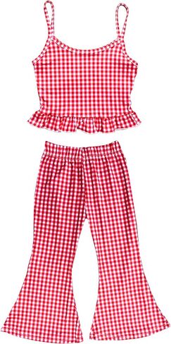 Daisy Del Sol Girls Printed Ruffle Peplum Tank Top with Matching Bell Bottom Flare Pants Co Ord 2-Piece Outfit Set in Saudi Arabia