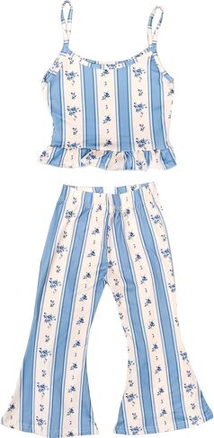 Daisy Del Sol Girls Printed Ruffle Peplum Tank Top with Matching Bell Bottom Flare Pants Co Ord 2-Piece Outfit Set in Saudi Arabia